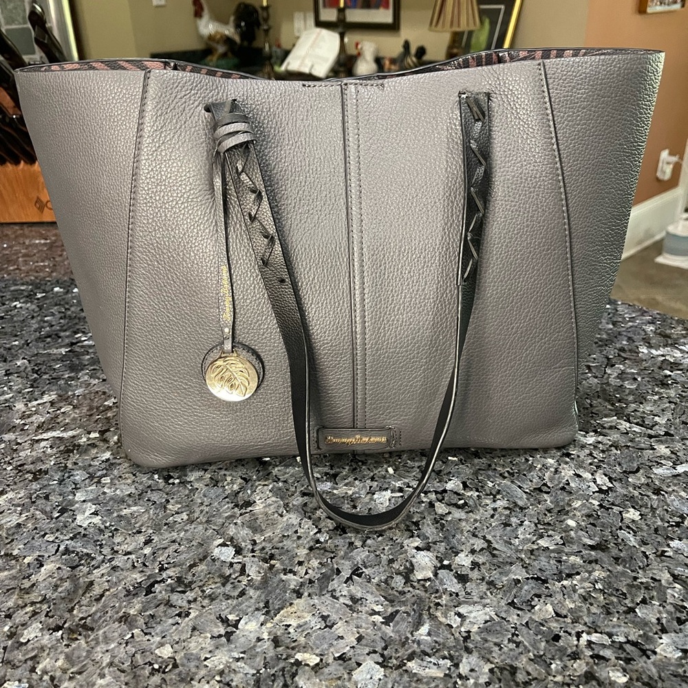 Tommy Bahama Dark Gray Pebbled Leather Tote w/ Black Braided Straps 11x14 - Picture 1 of 15